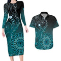 Personalised Ovarian Cancer Awareness Couples Matching Long Sleeve Bodycon Dress and Hawaiian Shirt Teal Ribbon Aboriginal Art