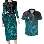 Personalised Ovarian Cancer Awareness Couples Matching Long Sleeve Bodycon Dress and Hawaiian Shirt Teal Ribbon Aboriginal Art