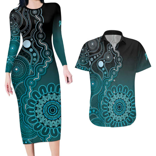 Personalised Ovarian Cancer Awareness Couples Matching Long Sleeve Bodycon Dress and Hawaiian Shirt Teal Ribbon Aboriginal Art