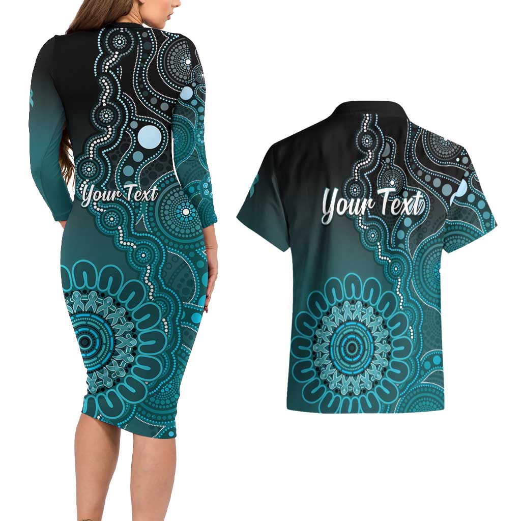 Personalised Ovarian Cancer Awareness Couples Matching Long Sleeve Bodycon Dress and Hawaiian Shirt Teal Ribbon Aboriginal Art