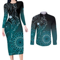 Personalised Ovarian Cancer Awareness Couples Matching Long Sleeve Bodycon Dress and Long Sleeve Button Shirt Teal Ribbon Aboriginal Art