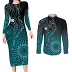 Personalised Ovarian Cancer Awareness Couples Matching Long Sleeve Bodycon Dress and Long Sleeve Button Shirt Teal Ribbon Aboriginal Art