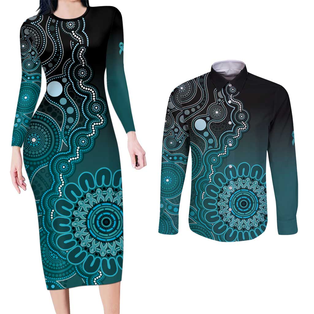 Personalised Ovarian Cancer Awareness Couples Matching Long Sleeve Bodycon Dress and Long Sleeve Button Shirt Teal Ribbon Aboriginal Art