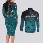 Personalised Ovarian Cancer Awareness Couples Matching Long Sleeve Bodycon Dress and Long Sleeve Button Shirt Teal Ribbon Aboriginal Art