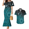 Personalised Ovarian Cancer Awareness Couples Matching Mermaid Dress and Hawaiian Shirt Teal Ribbon Aboriginal Art