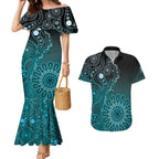 Personalised Ovarian Cancer Awareness Couples Matching Mermaid Dress and Hawaiian Shirt Teal Ribbon Aboriginal Art
