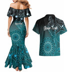 Personalised Ovarian Cancer Awareness Couples Matching Mermaid Dress and Hawaiian Shirt Teal Ribbon Aboriginal Art