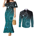 Personalised Ovarian Cancer Awareness Couples Matching Mermaid Dress and Long Sleeve Button Shirt Teal Ribbon Aboriginal Art