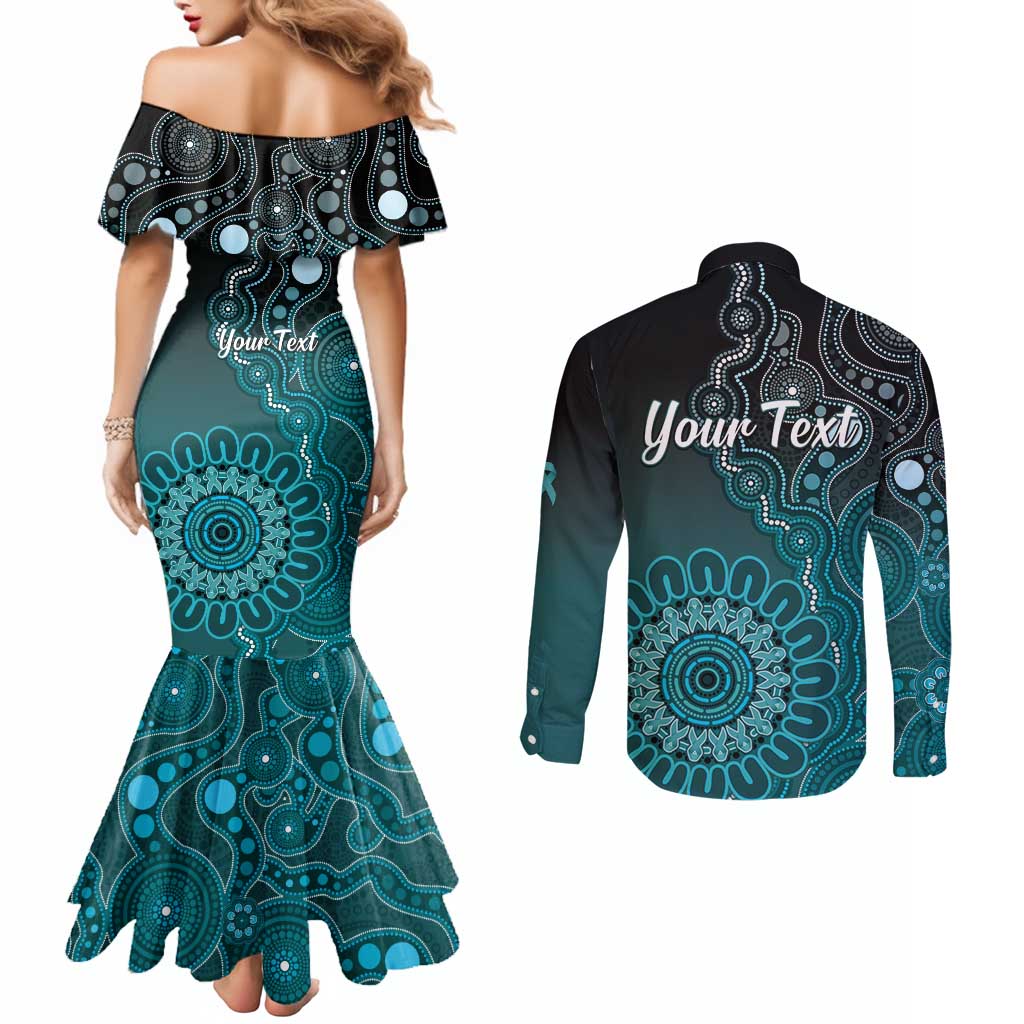 Personalised Ovarian Cancer Awareness Couples Matching Mermaid Dress and Long Sleeve Button Shirt Teal Ribbon Aboriginal Art