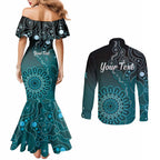 Personalised Ovarian Cancer Awareness Couples Matching Mermaid Dress and Long Sleeve Button Shirt Teal Ribbon Aboriginal Art