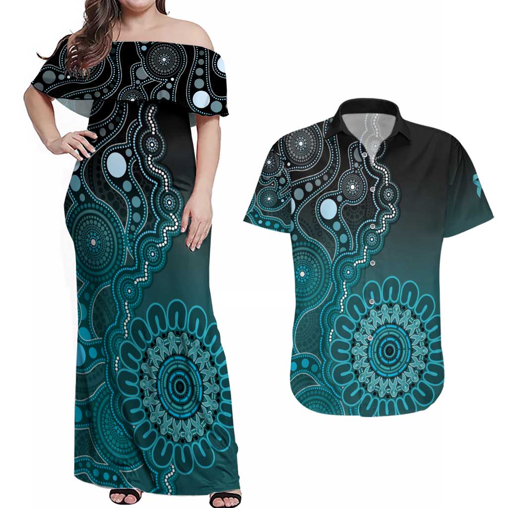 Personalised Ovarian Cancer Awareness Couples Matching Off Shoulder Maxi Dress and Hawaiian Shirt Teal Ribbon Aboriginal Art