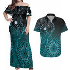 Personalised Ovarian Cancer Awareness Couples Matching Off Shoulder Maxi Dress and Hawaiian Shirt Teal Ribbon Aboriginal Art