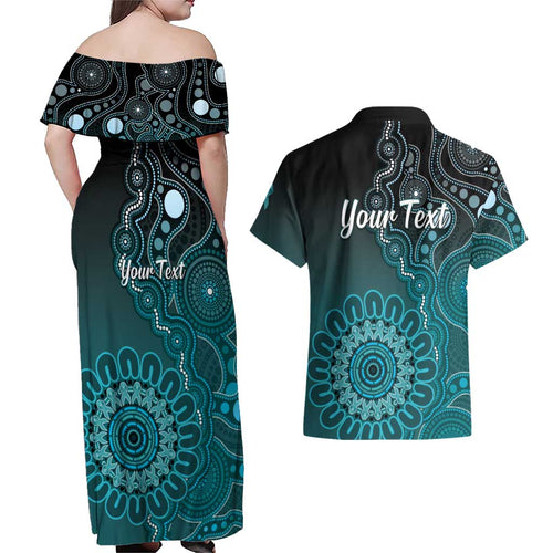 Personalised Ovarian Cancer Awareness Couples Matching Off Shoulder Maxi Dress and Hawaiian Shirt Teal Ribbon Aboriginal Art