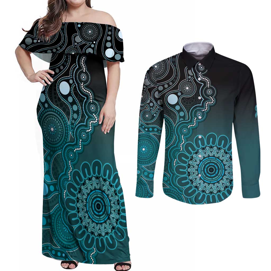 Personalised Ovarian Cancer Awareness Couples Matching Off Shoulder Maxi Dress and Long Sleeve Button Shirt Teal Ribbon Aboriginal Art
