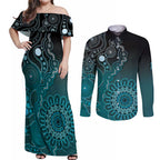 Personalised Ovarian Cancer Awareness Couples Matching Off Shoulder Maxi Dress and Long Sleeve Button Shirt Teal Ribbon Aboriginal Art