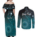 Personalised Ovarian Cancer Awareness Couples Matching Off Shoulder Maxi Dress and Long Sleeve Button Shirt Teal Ribbon Aboriginal Art