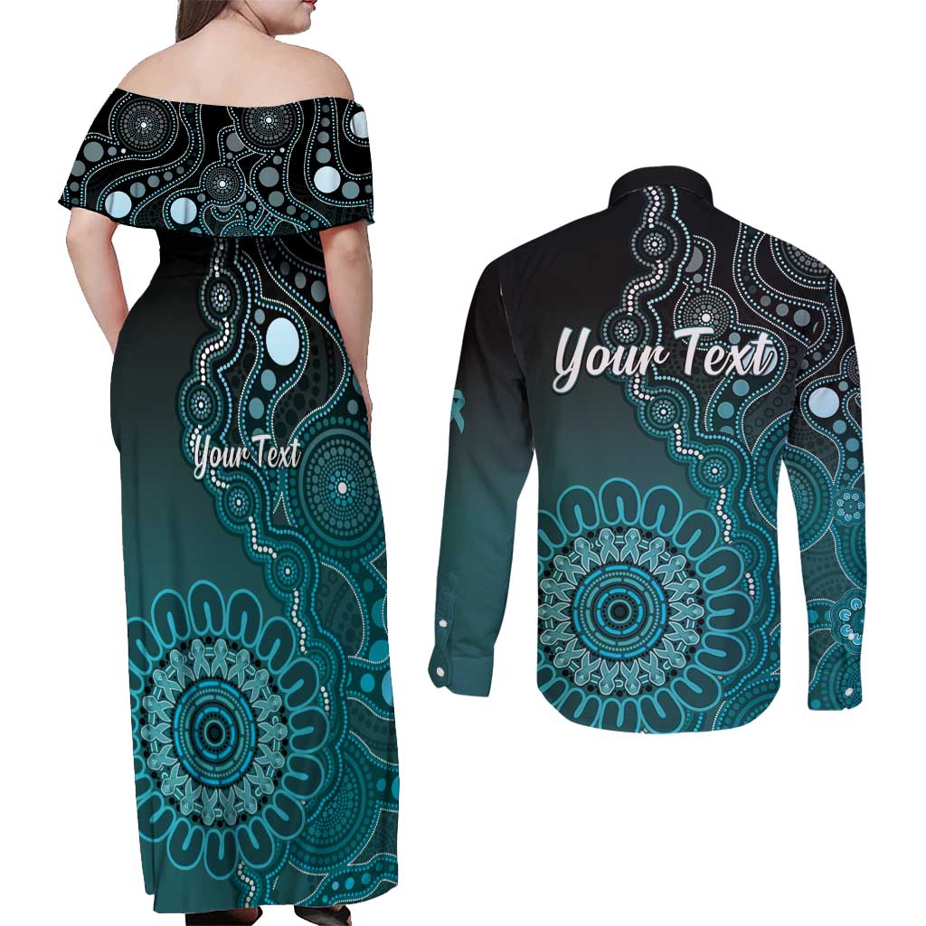 Personalised Ovarian Cancer Awareness Couples Matching Off Shoulder Maxi Dress and Long Sleeve Button Shirt Teal Ribbon Aboriginal Art