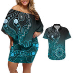 Personalised Ovarian Cancer Awareness Couples Matching Off Shoulder Short Dress and Hawaiian Shirt Teal Ribbon Aboriginal Art