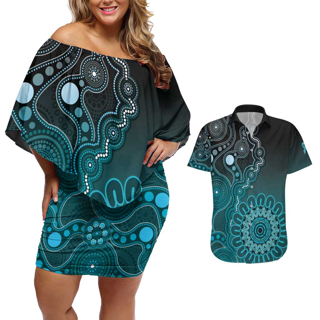 Personalised Ovarian Cancer Awareness Couples Matching Off Shoulder Short Dress and Hawaiian Shirt Teal Ribbon Aboriginal Art