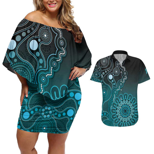 Personalised Ovarian Cancer Awareness Couples Matching Off Shoulder Short Dress and Hawaiian Shirt Teal Ribbon Aboriginal Art