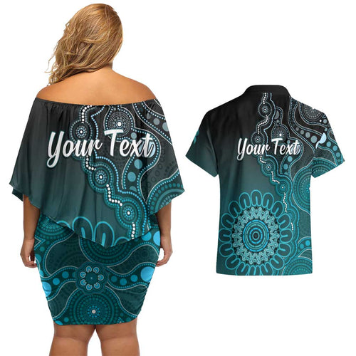 Personalised Ovarian Cancer Awareness Couples Matching Off Shoulder Short Dress and Hawaiian Shirt Teal Ribbon Aboriginal Art