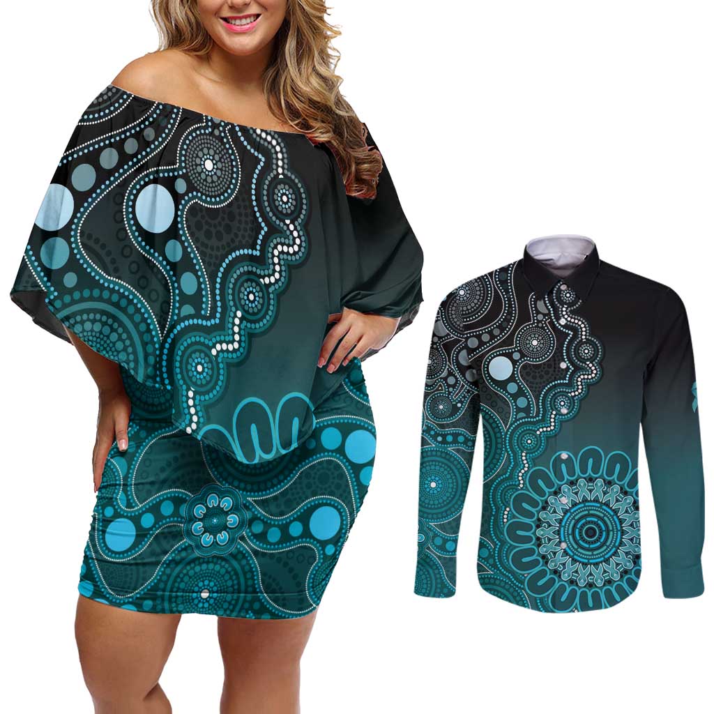 Personalised Ovarian Cancer Awareness Couples Matching Off Shoulder Short Dress and Long Sleeve Button Shirt Teal Ribbon Aboriginal Art