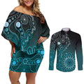 Personalised Ovarian Cancer Awareness Couples Matching Off Shoulder Short Dress and Long Sleeve Button Shirt Teal Ribbon Aboriginal Art