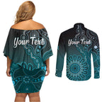 Personalised Ovarian Cancer Awareness Couples Matching Off Shoulder Short Dress and Long Sleeve Button Shirt Teal Ribbon Aboriginal Art