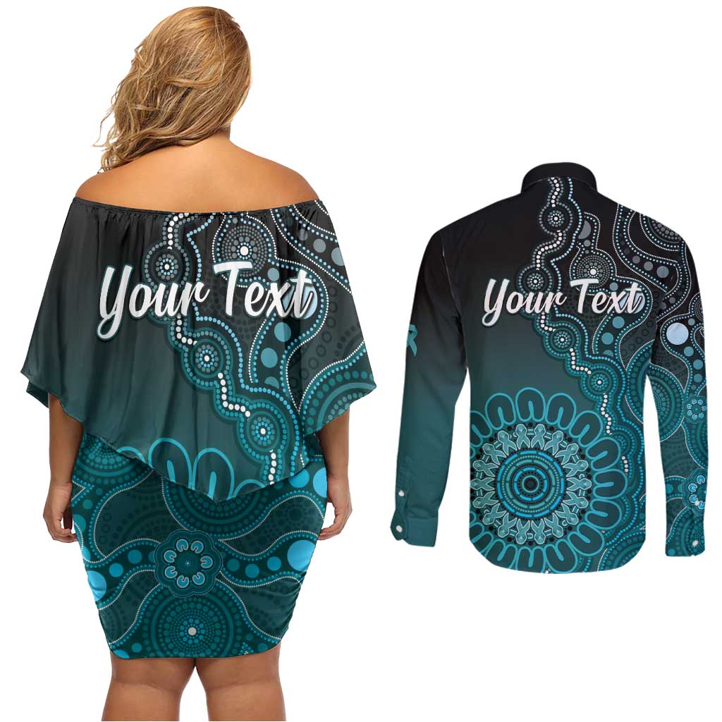 Personalised Ovarian Cancer Awareness Couples Matching Off Shoulder Short Dress and Long Sleeve Button Shirt Teal Ribbon Aboriginal Art