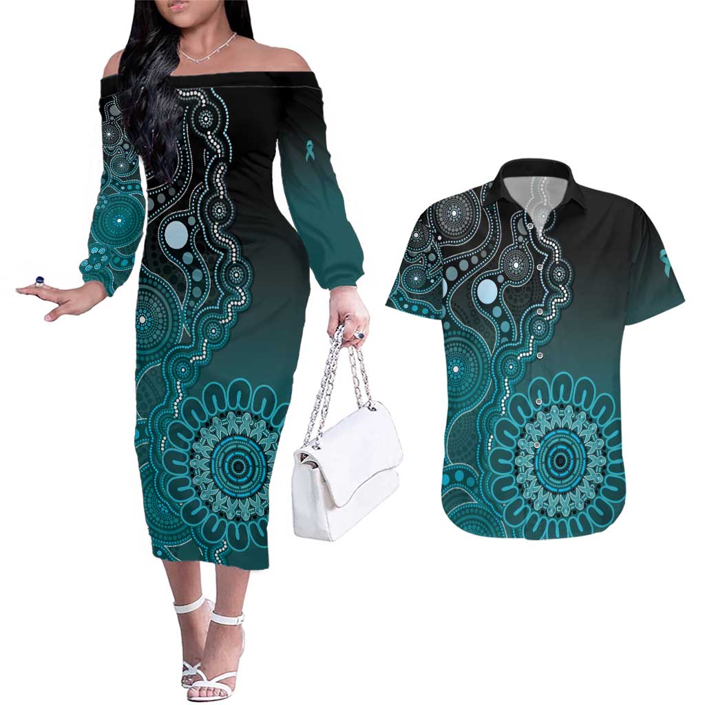 Personalised Ovarian Cancer Awareness Couples Matching Off The Shoulder Long Sleeve Dress and Hawaiian Shirt Teal Ribbon Aboriginal Art
