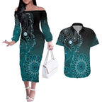 Personalised Ovarian Cancer Awareness Couples Matching Off The Shoulder Long Sleeve Dress and Hawaiian Shirt Teal Ribbon Aboriginal Art