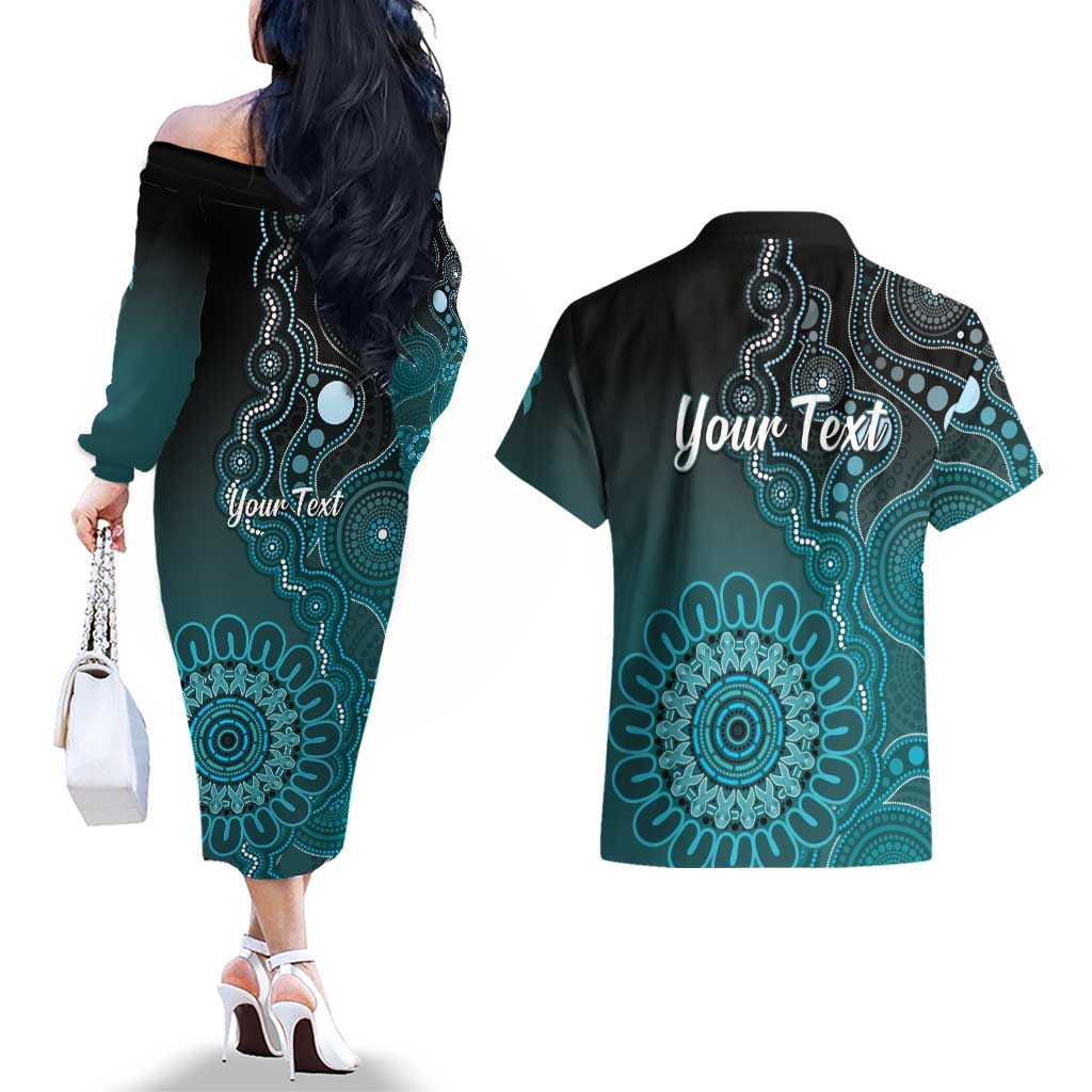 Personalised Ovarian Cancer Awareness Couples Matching Off The Shoulder Long Sleeve Dress and Hawaiian Shirt Teal Ribbon Aboriginal Art