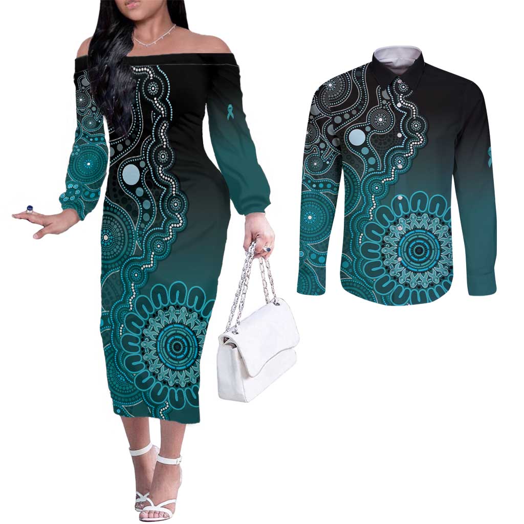 Personalised Ovarian Cancer Awareness Couples Matching Off The Shoulder Long Sleeve Dress and Long Sleeve Button Shirt Teal Ribbon Aboriginal Art