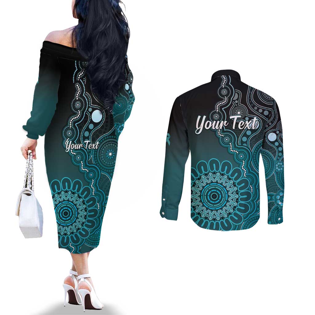 Personalised Ovarian Cancer Awareness Couples Matching Off The Shoulder Long Sleeve Dress and Long Sleeve Button Shirt Teal Ribbon Aboriginal Art
