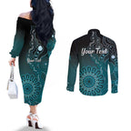 Personalised Ovarian Cancer Awareness Couples Matching Off The Shoulder Long Sleeve Dress and Long Sleeve Button Shirt Teal Ribbon Aboriginal Art