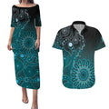 Personalised Ovarian Cancer Awareness Couples Matching Puletasi and Hawaiian Shirt Teal Ribbon Aboriginal Art