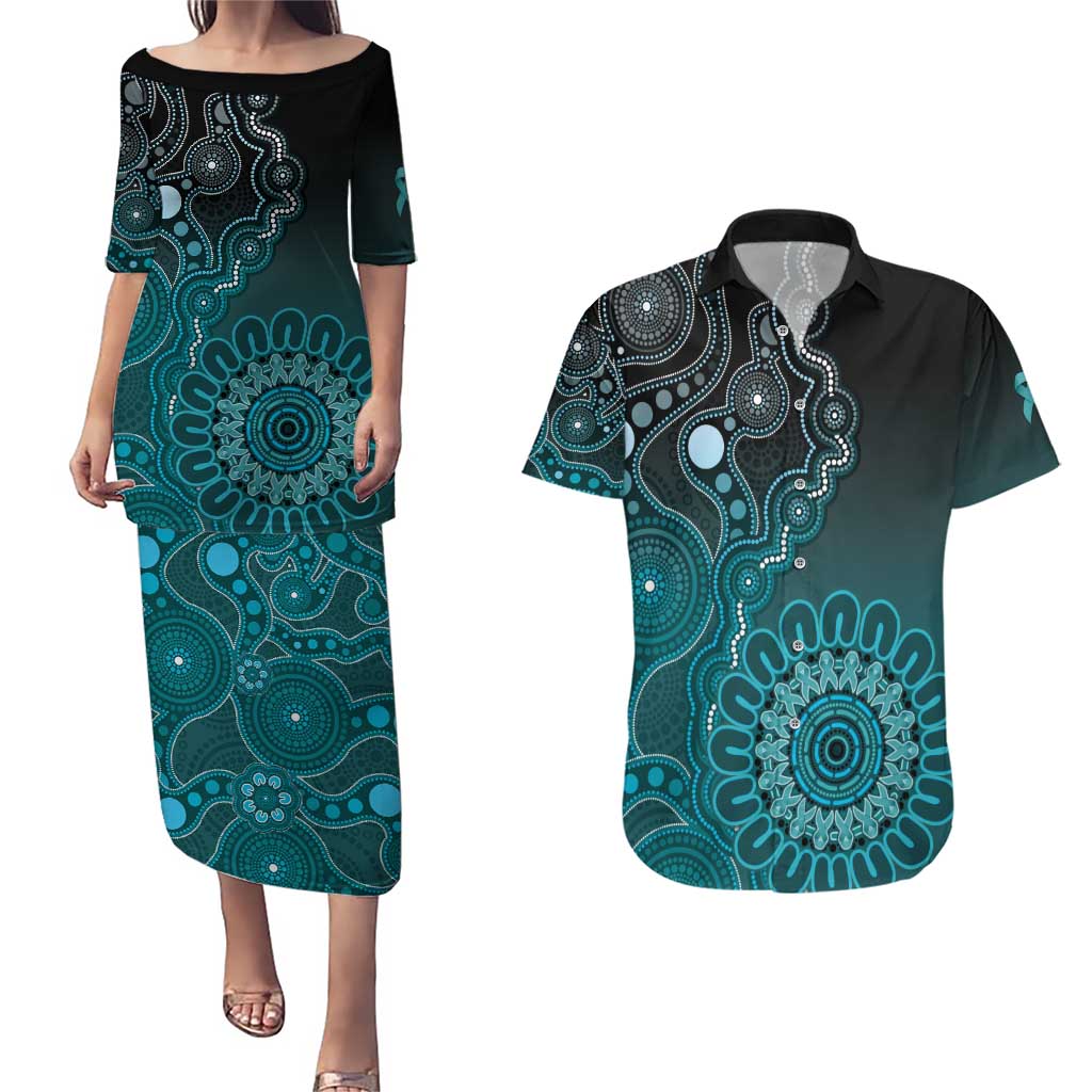 Personalised Ovarian Cancer Awareness Couples Matching Puletasi and Hawaiian Shirt Teal Ribbon Aboriginal Art