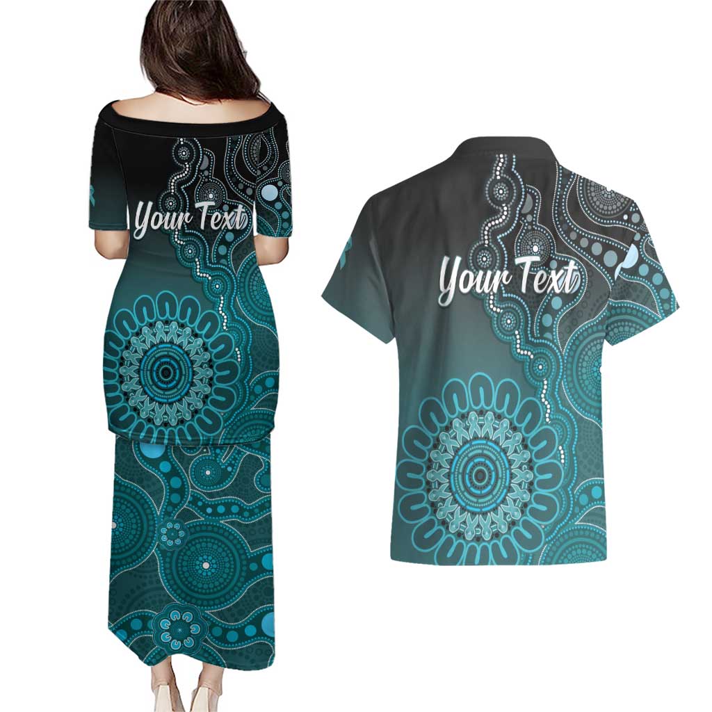 Personalised Ovarian Cancer Awareness Couples Matching Puletasi and Hawaiian Shirt Teal Ribbon Aboriginal Art