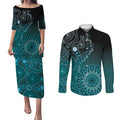 Personalised Ovarian Cancer Awareness Couples Matching Puletasi and Long Sleeve Button Shirt Teal Ribbon Aboriginal Art