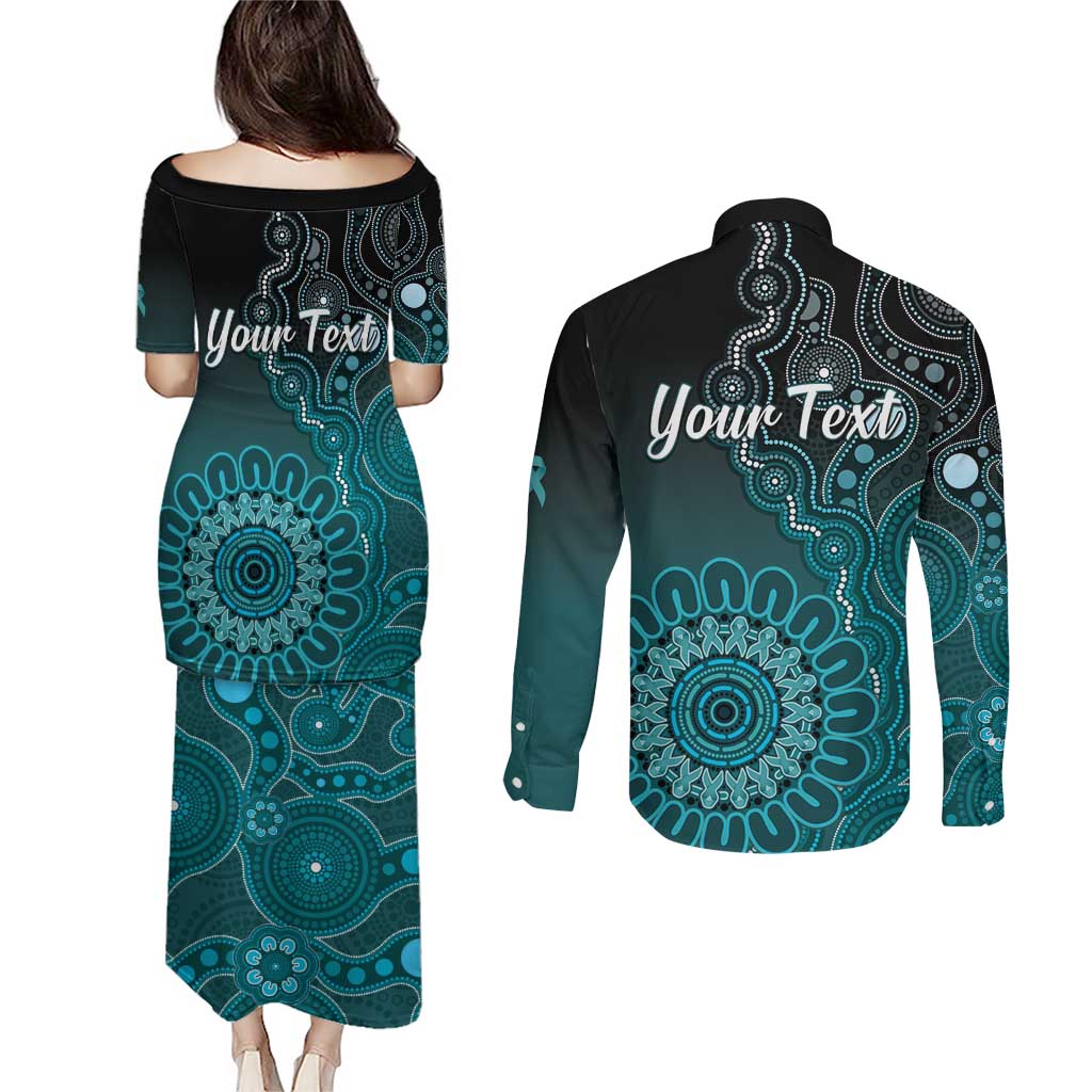 Personalised Ovarian Cancer Awareness Couples Matching Puletasi and Long Sleeve Button Shirt Teal Ribbon Aboriginal Art