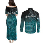 Personalised Ovarian Cancer Awareness Couples Matching Puletasi and Long Sleeve Button Shirt Teal Ribbon Aboriginal Art