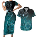 Personalised Ovarian Cancer Awareness Couples Matching Short Sleeve Bodycon Dress and Hawaiian Shirt Teal Ribbon Aboriginal Art