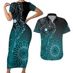Personalised Ovarian Cancer Awareness Couples Matching Short Sleeve Bodycon Dress and Hawaiian Shirt Teal Ribbon Aboriginal Art