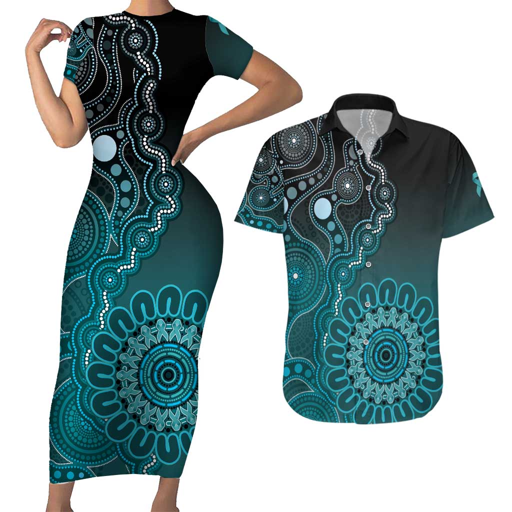 Personalised Ovarian Cancer Awareness Couples Matching Short Sleeve Bodycon Dress and Hawaiian Shirt Teal Ribbon Aboriginal Art
