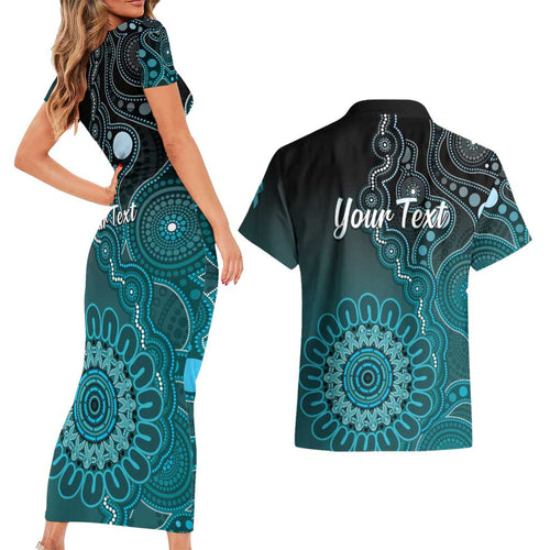 Personalised Ovarian Cancer Awareness Couples Matching Short Sleeve Bodycon Dress and Hawaiian Shirt Teal Ribbon Aboriginal Art