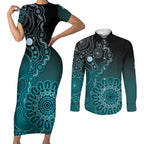 Personalised Ovarian Cancer Awareness Couples Matching Short Sleeve Bodycon Dress and Long Sleeve Button Shirt Teal Ribbon Aboriginal Art