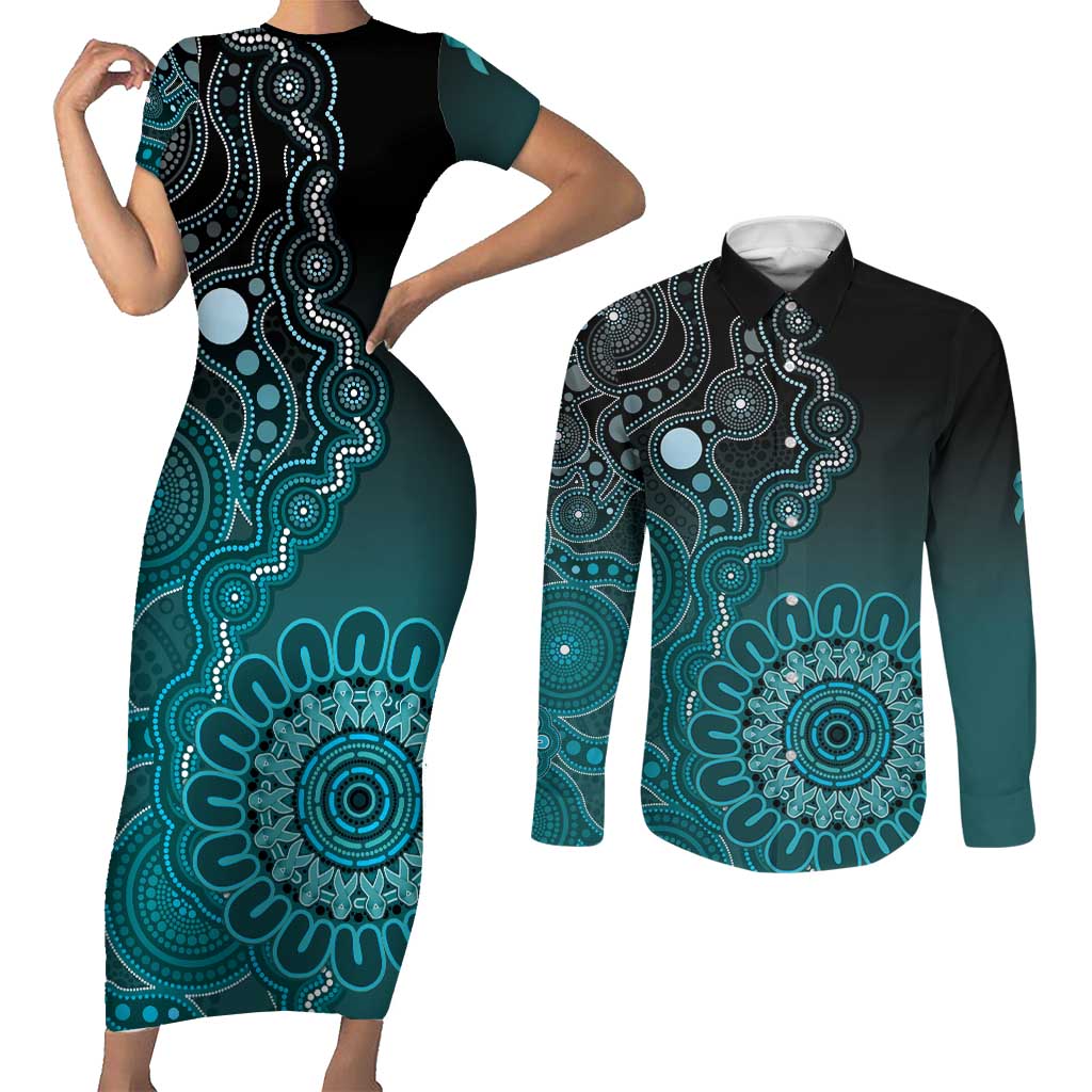 Personalised Ovarian Cancer Awareness Couples Matching Short Sleeve Bodycon Dress and Long Sleeve Button Shirt Teal Ribbon Aboriginal Art