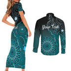 Personalised Ovarian Cancer Awareness Couples Matching Short Sleeve Bodycon Dress and Long Sleeve Button Shirt Teal Ribbon Aboriginal Art