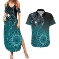 Personalised Ovarian Cancer Awareness Couples Matching Summer Maxi Dress and Hawaiian Shirt Teal Ribbon Aboriginal Art