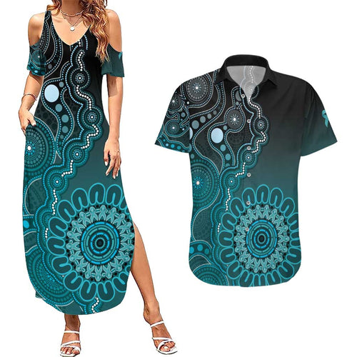 Personalised Ovarian Cancer Awareness Couples Matching Summer Maxi Dress and Hawaiian Shirt Teal Ribbon Aboriginal Art
